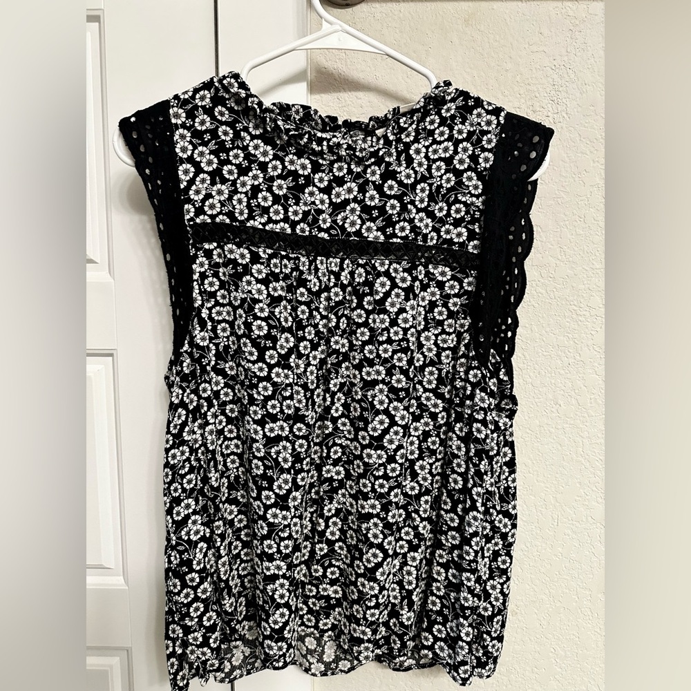 LOFT Black and White Floral Lace Blouse